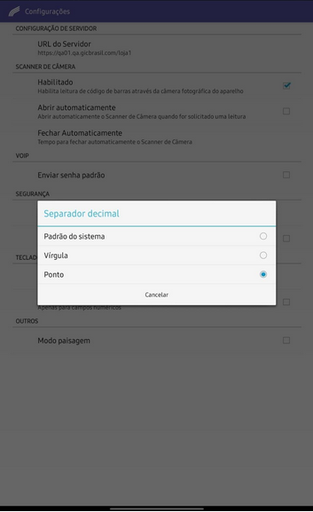 Separador decimal configurado como Ponto