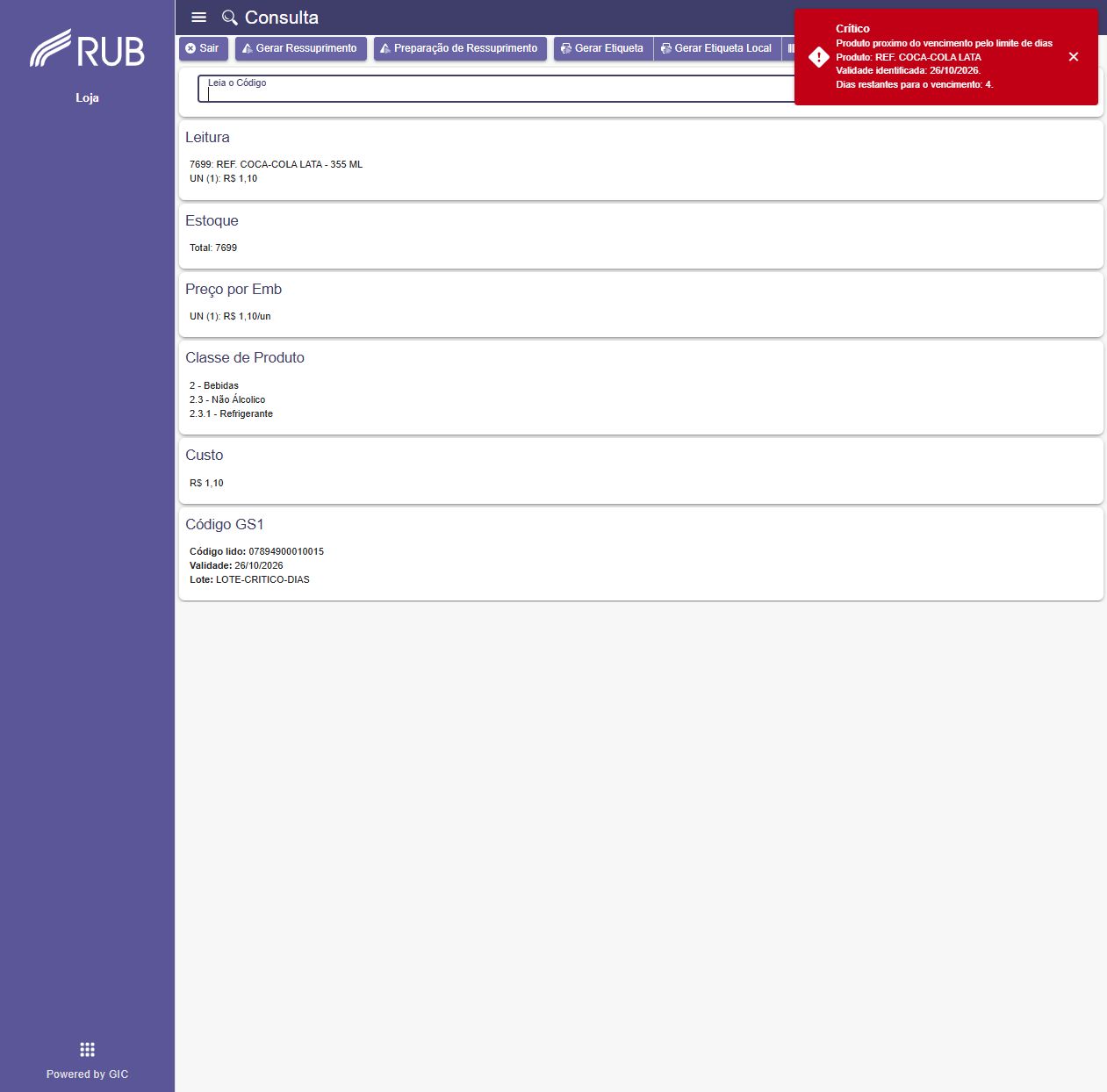 Notificación crítica de producto próximo al vencimiento por el límite de días